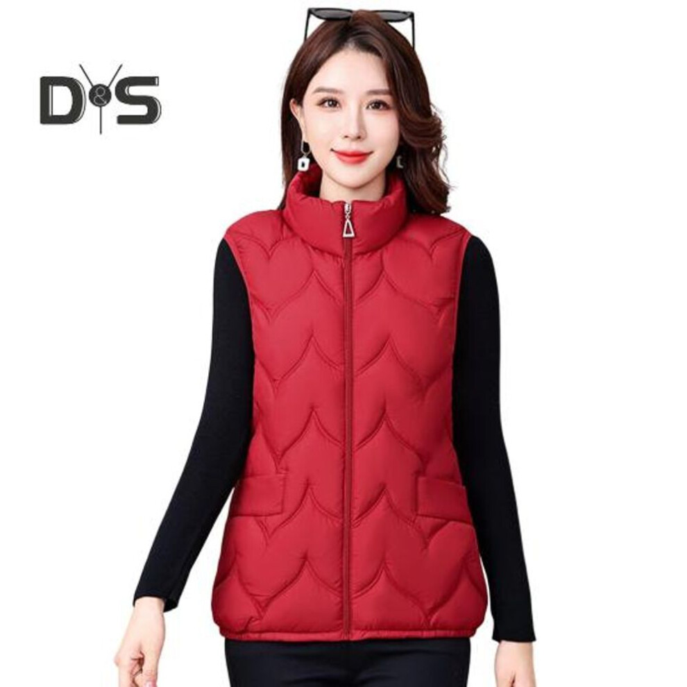 (red, XXL) Women Winter Vest Coat Thickened Padded Stand Collar Neck Protection Sleeveless Outerwear Zipper Closure Solid Color Keep Warm Waistcoat
