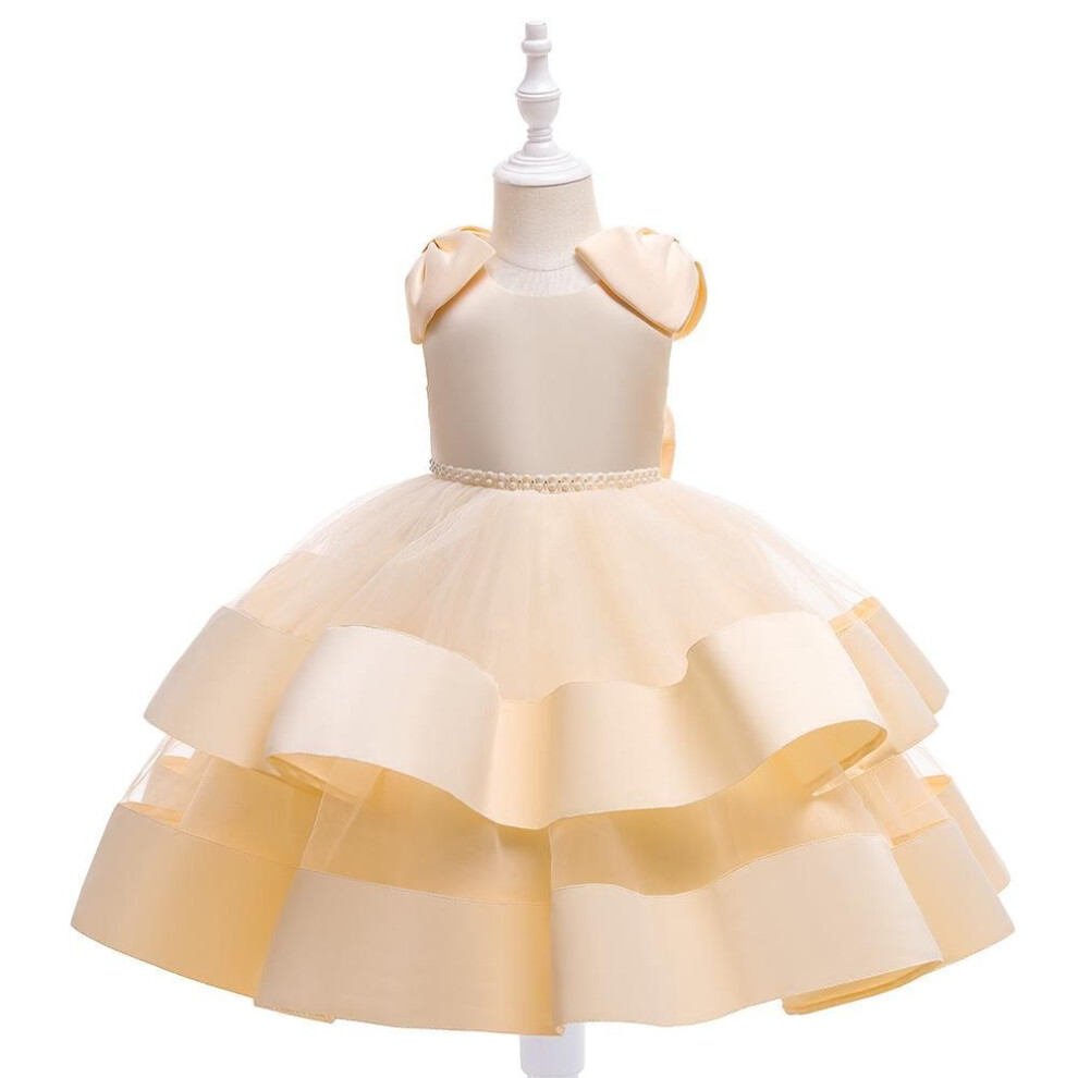 (champagne, 150 cm) 2024 Girls' Princess Dress with Waist Pearls & Ribbon Tutu Skirt - Perfect for Flower Girls & Weddings