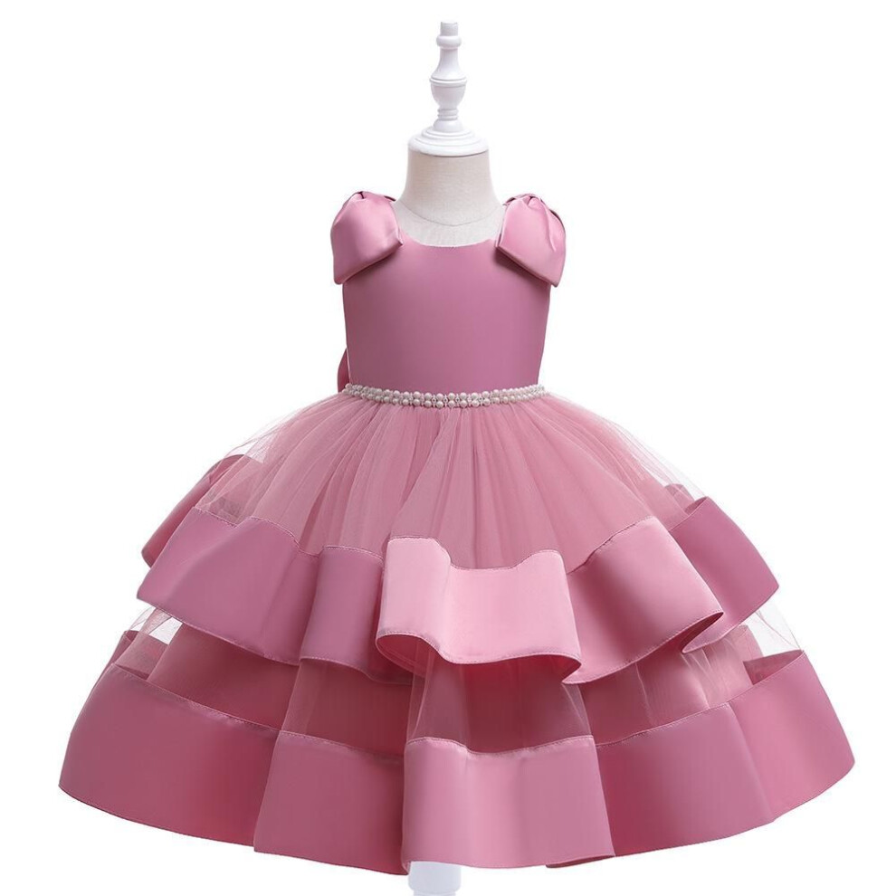 (peach,pink, 110 cm) 2024 Girls' Princess Dress with Waist Pearls & Ribbon Tutu Skirt - Perfect for Flower Girls & Weddings