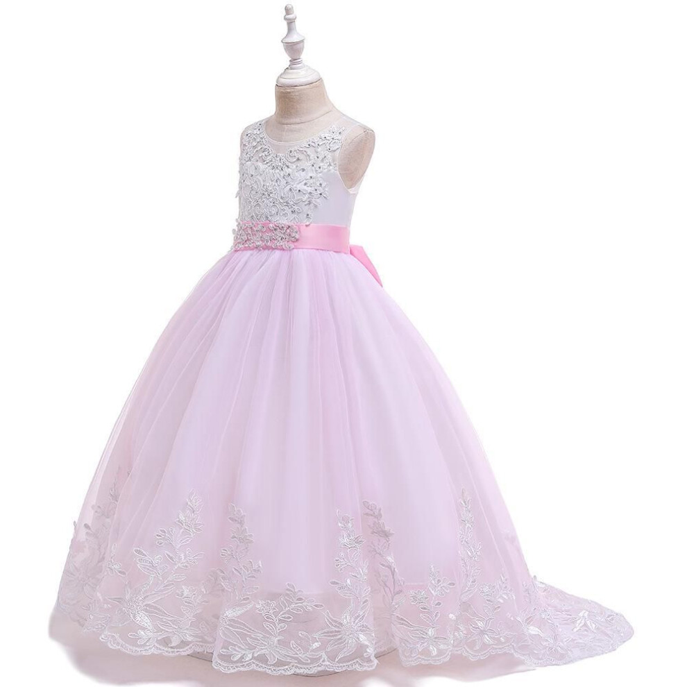 (pink, 150 cm) 2024 Embroidered Princess Wedding Dress for Girls with Bow Tail