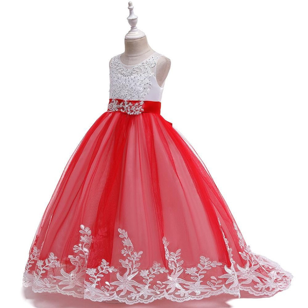 (red, 130 cm) 2024 Embroidered Princess Wedding Dress For Girls With Bow Tail