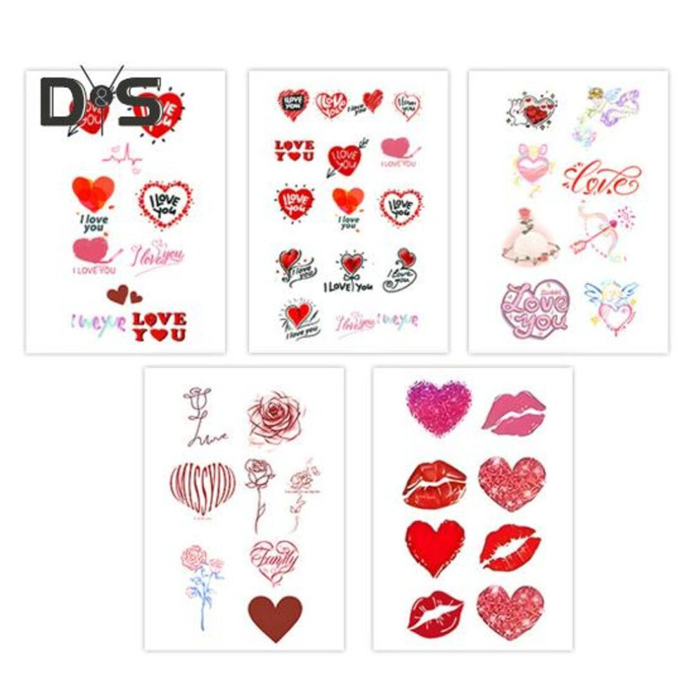 (as the picture, B) 10pcs Temporary Tattoo Stickers Red Love Heart Lips Rose Waterproof Fake Decals Body Art Tattoos For Valentine's Day Birthdays