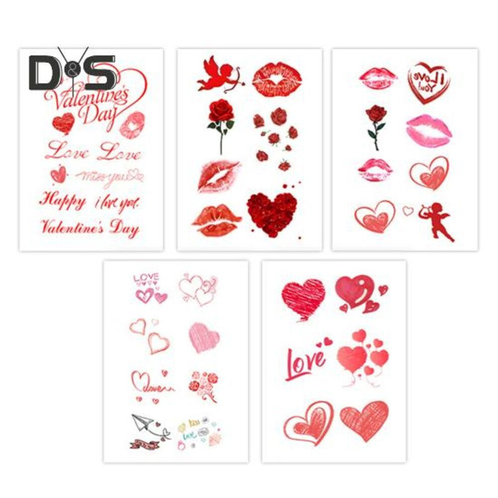 (as the picture, A) 10pcs Temporary Tattoo Stickers Red Love Heart Lips Rose Waterproof Fake Decals Body Art Tattoos For Valentine's Day Birthdays