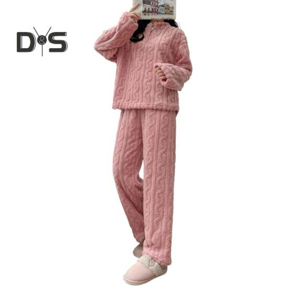 (pink) 2 Pcs/set Unisex Winter Pajamas Set Stand Collar Solid Color Zipper Closure Thickened Coral Fleece Homewear Coat Pants Set Loose Loungewear Nightwear