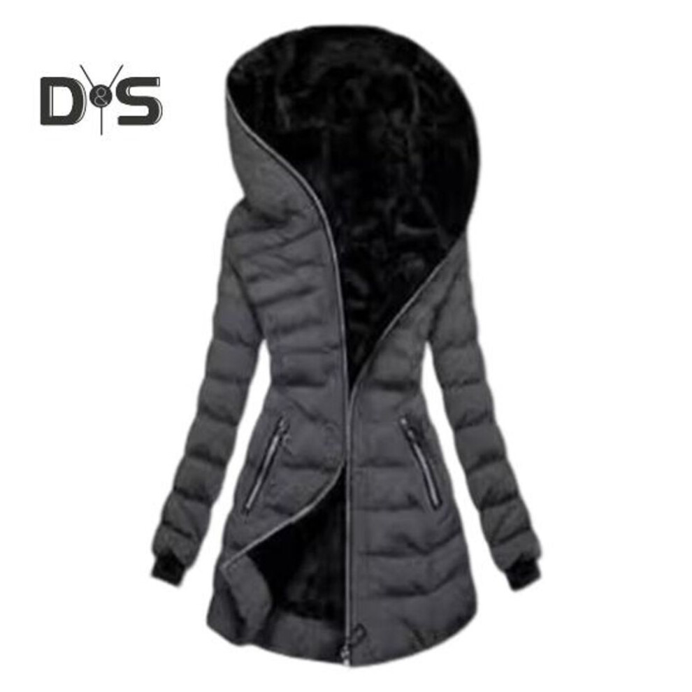 (grey, M) Women Winter Cotton Coat with Hood Zip-up Plush Lined Padded Down Jacket Winddoof Mid Length Long Sleeve with Elastic Cuffs Outdoor Coat
