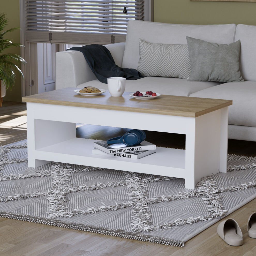 (White & Oak) Arlington Coffee Table with Bottom Shelf Storage