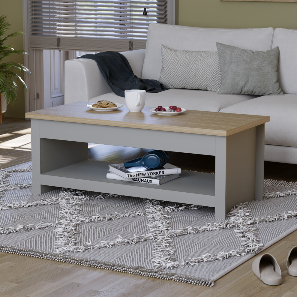 (Grey & Oak) Arlington Coffee Table with Bottom Shelf Storage