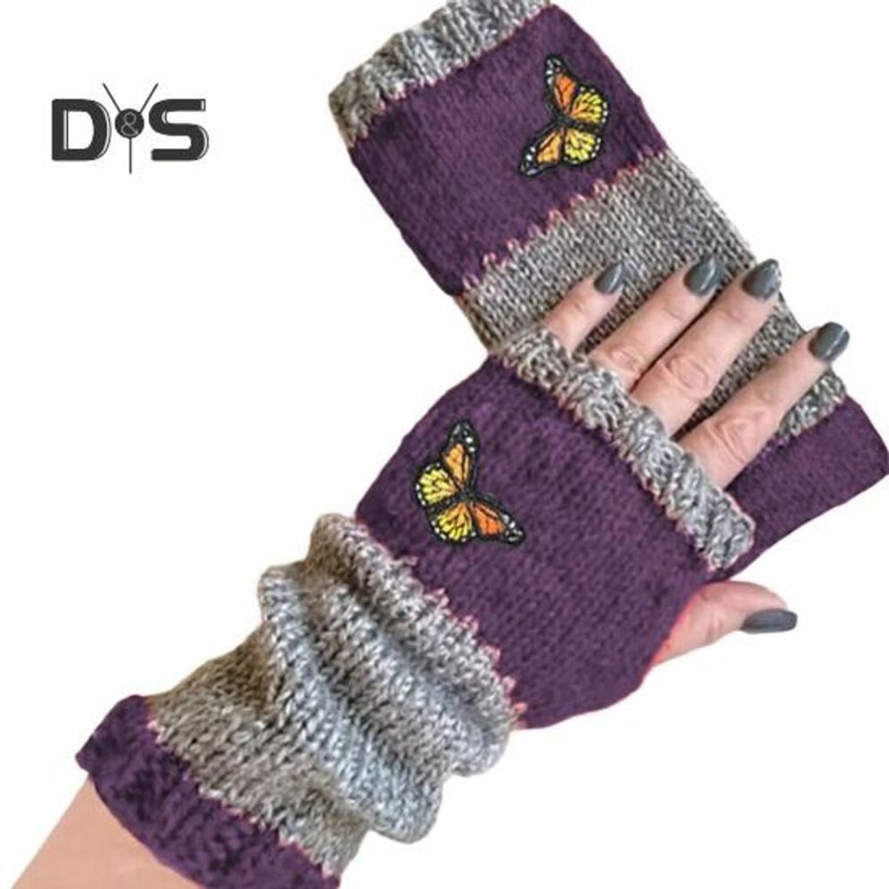 (purple) 1 Pair Fall Winter Gloves Fingerless Knitted Butterfly Embroidery High Elasticity Non-slip Arm Warmers Colorblock Arm Sleeves Keep Warm Windproof