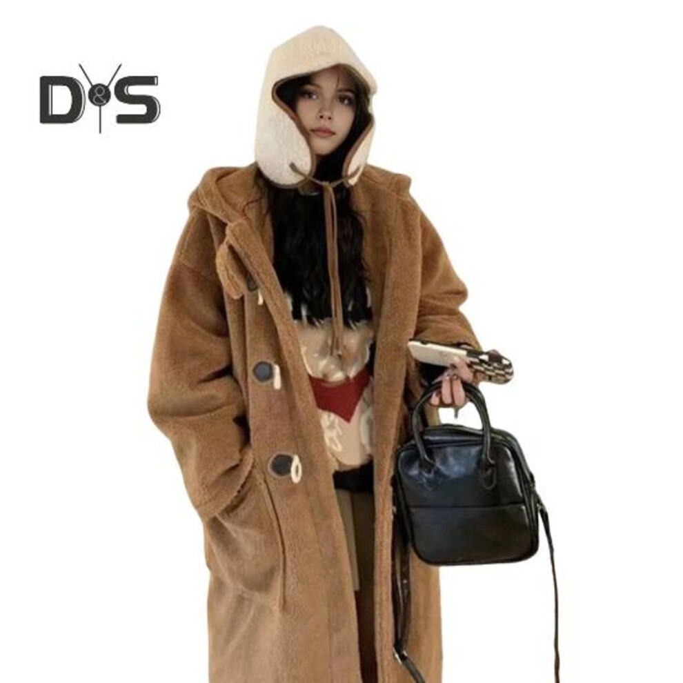 (coffee, M) Women Winter Coat With Hood Thick Fleece Pure Color Horn Button Closure Long Sleeves Mid Length Cold-proof Outerwear School Outdoor Jacket