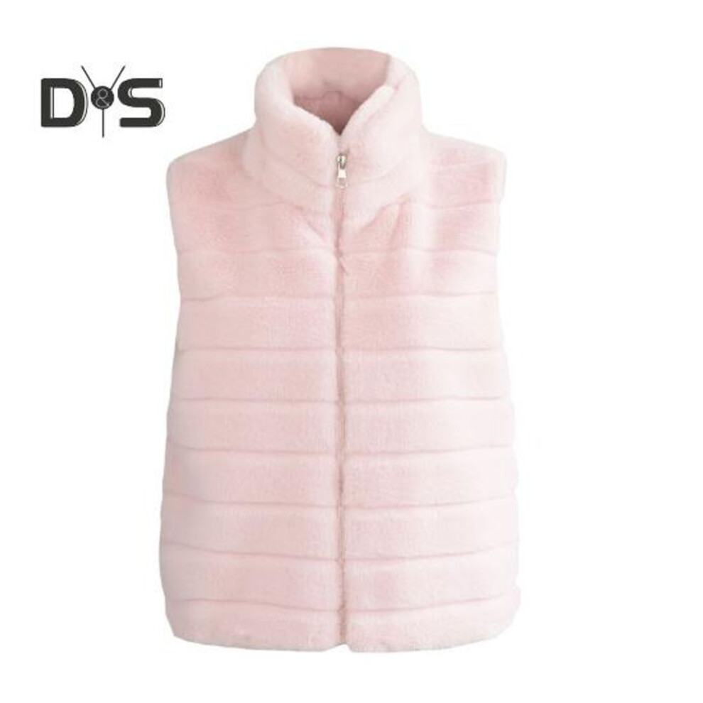 (pink, S) Women Vest Coat Faux Fur Stand Collar Zip-up Cardigan Sleeveless Solid Color Cozy Keep Warm Outerwear Daily Wear School Waistcoat