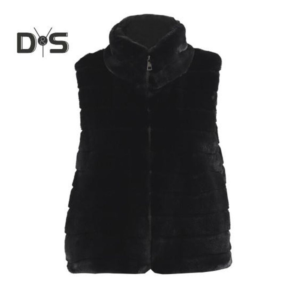 (black, XXL) Women Vest Coat Faux Fur Stand Collar Zip-up Cardigan Sleeveless Solid Color Cozy Keep Warm Outerwear Daily Wear School Waistcoat