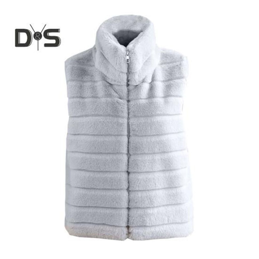 (grey, XL) Women Vest Coat Faux Fur Stand Collar Zip-up Cardigan Sleeveless Solid Color Cozy Keep Warm Outerwear Daily Wear School Waistcoat