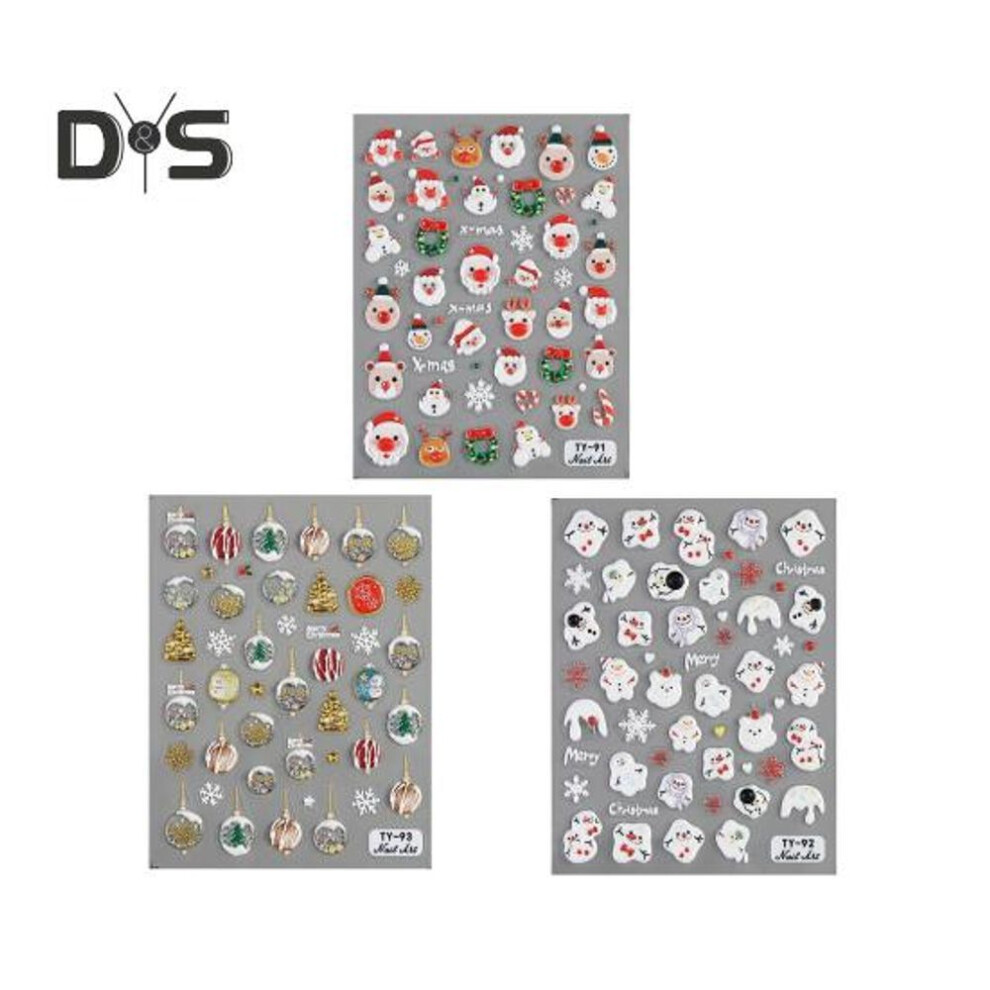 (as the picture, D) 1/4 Sheets Christmas Nail Art Sticker Waterproof 5D Embossed Winter Xmas Holiday Santa Claus Snowman Elk Snowflake Ball Fake Nail Decoration Decal