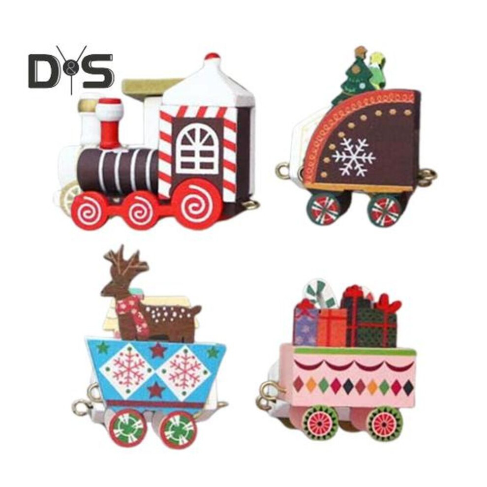 (red) Christmas Wooden Train Decor Set Diy Mini Christmas Tree House Reindeer Figurines Train Set 4-section Train Toy For Home Decoration