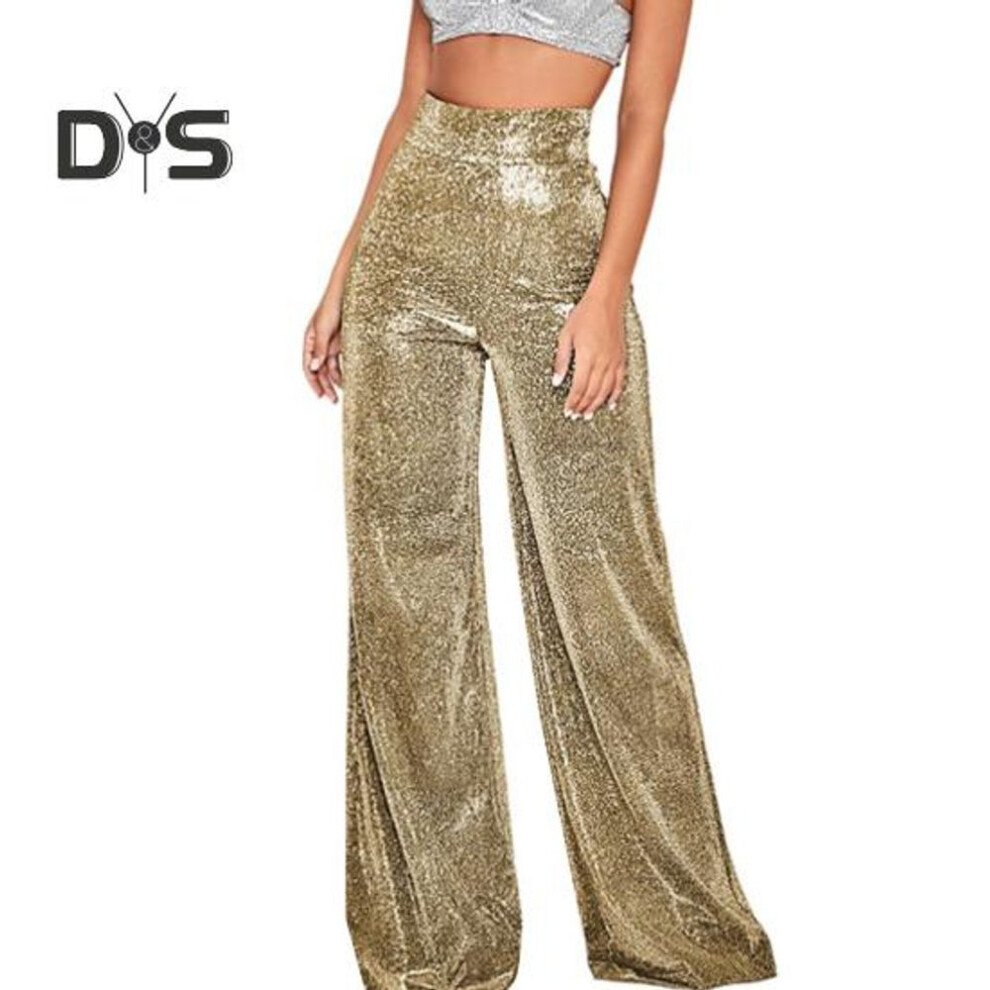 (golden, L) Women Wide Leg Trousers with Hot Stamping Design Glossy Long Pants Clubs Performances Zipper Closure Glitter Pants
