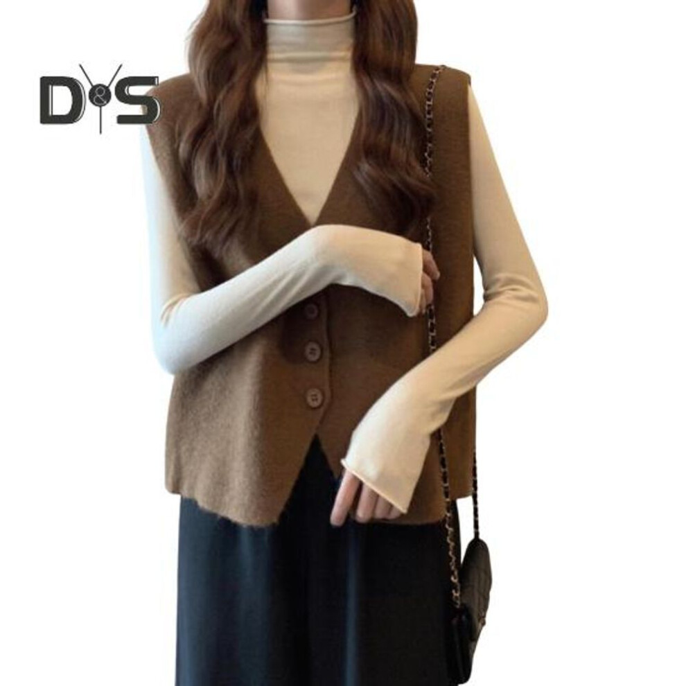 (coffee) Fall Winter Women Vest V Neck Button-down Solid Color Loose Knitted Thick Keep Warm Sleeveless Loose Sweater Top