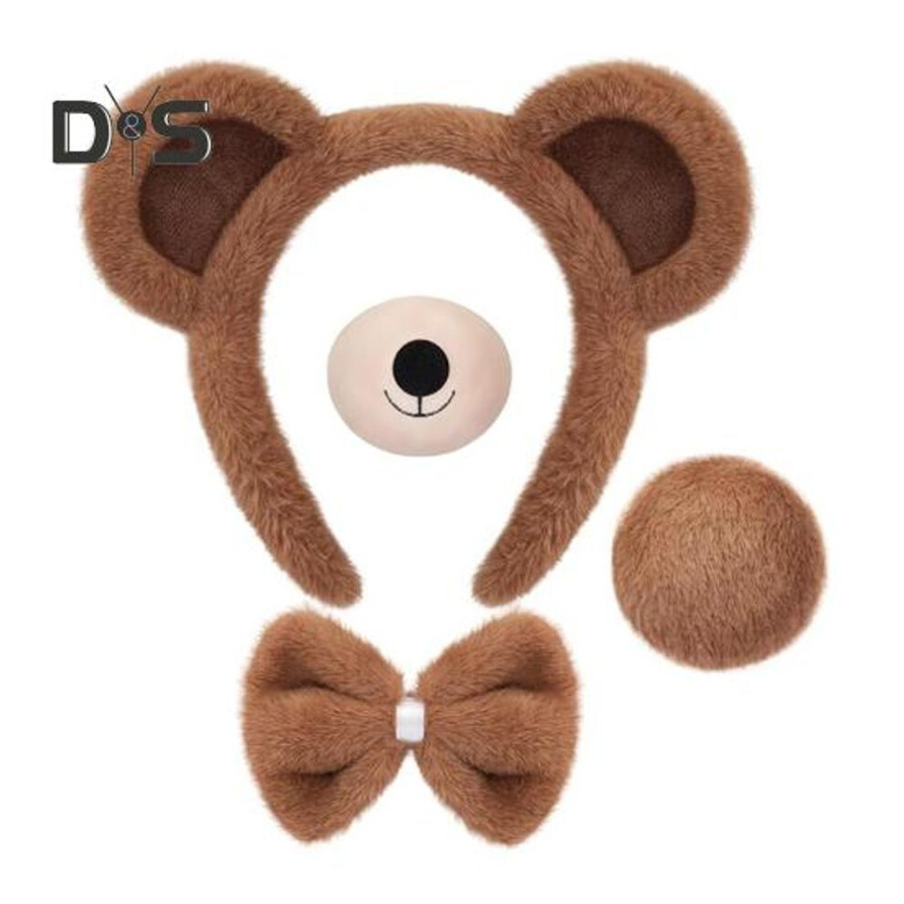 (as the picture, 4pcs) 3/4pcs/set Brown Bear Ears Headband Plush Animal Ears Costume Hair Hoop Halloween Cosplay Hair Accessories