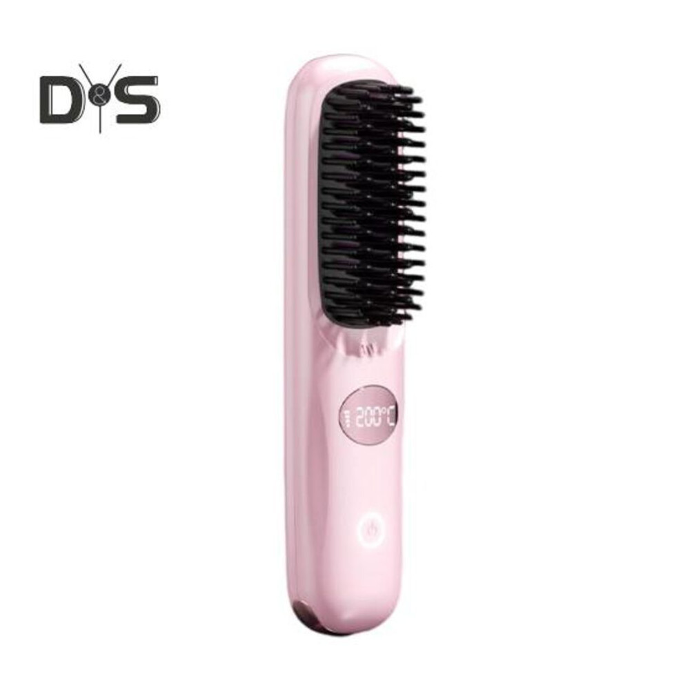 (pink) Cordless Hair Straightener Brush 3 Temp Adjustable Fast Heating Usb Rechargeable Lcd Display Portable Hot Brush Electric Curly Hair Styling
