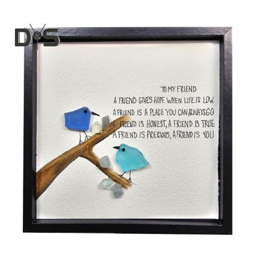 Sea Glass Birds Ornament Wall Art Friendship Bird Decor Handmade Framed Sea Glass Birds Artwork Friendship Gift For Friends