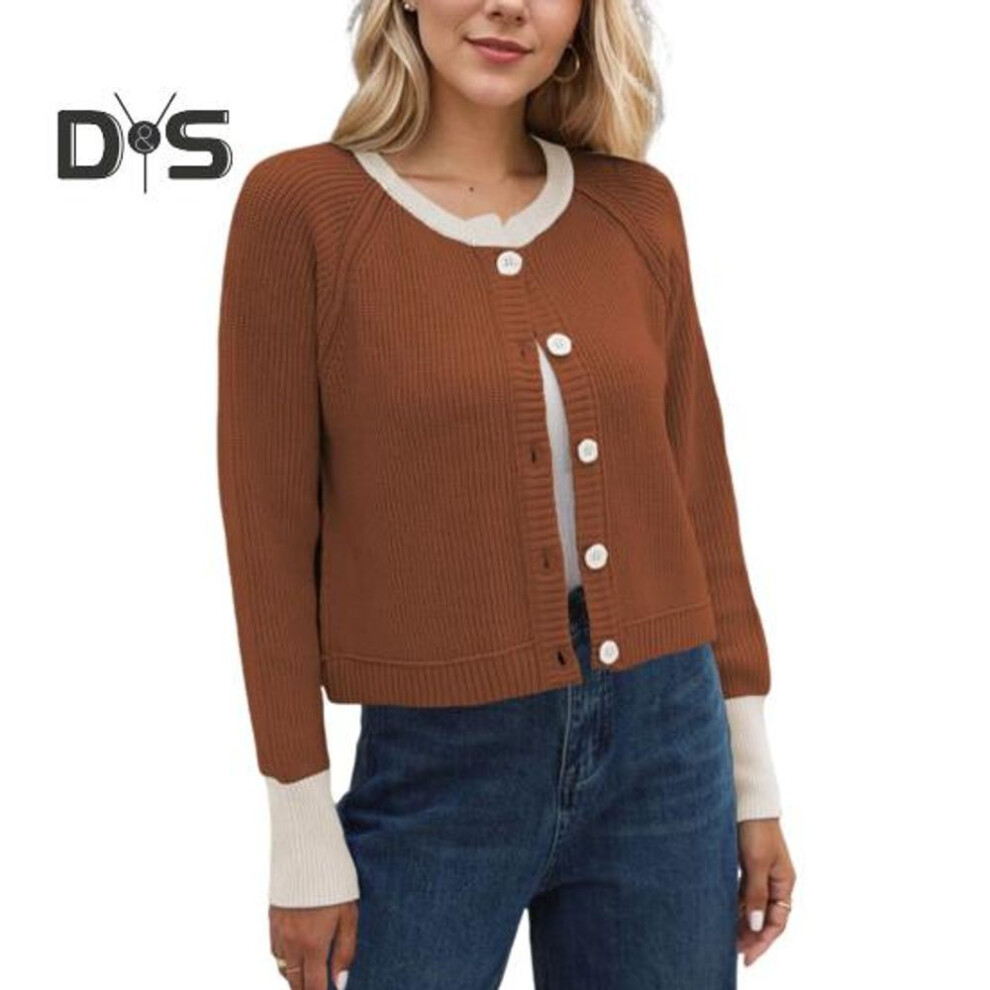 (S, coffee) Ribbed Sweater Coat Women Color Block Knitted Cardigan Sweater Button-Up Round Neck Long Sleeve Casual Knitting Tops