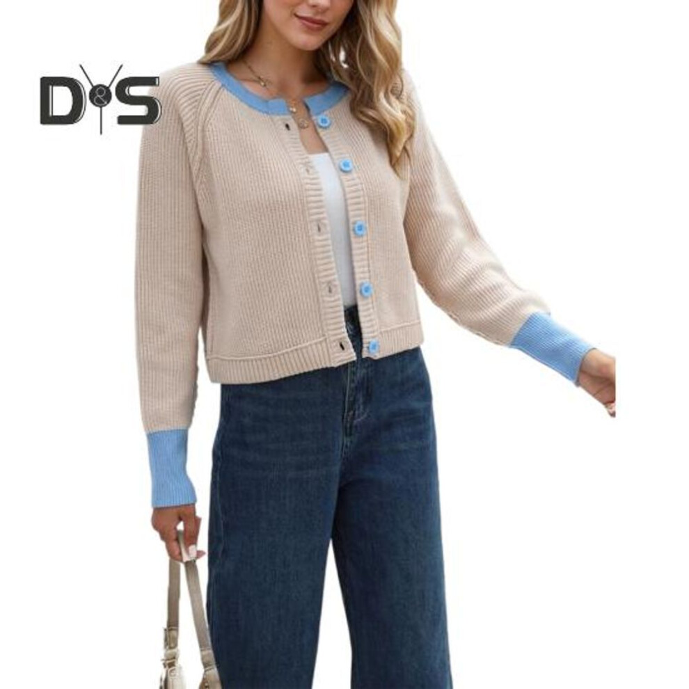 (S, apricot) Ribbed Sweater Coat Women Color Block Knitted Cardigan Sweater Button-Up Round Neck Long Sleeve Casual Knitting Tops
