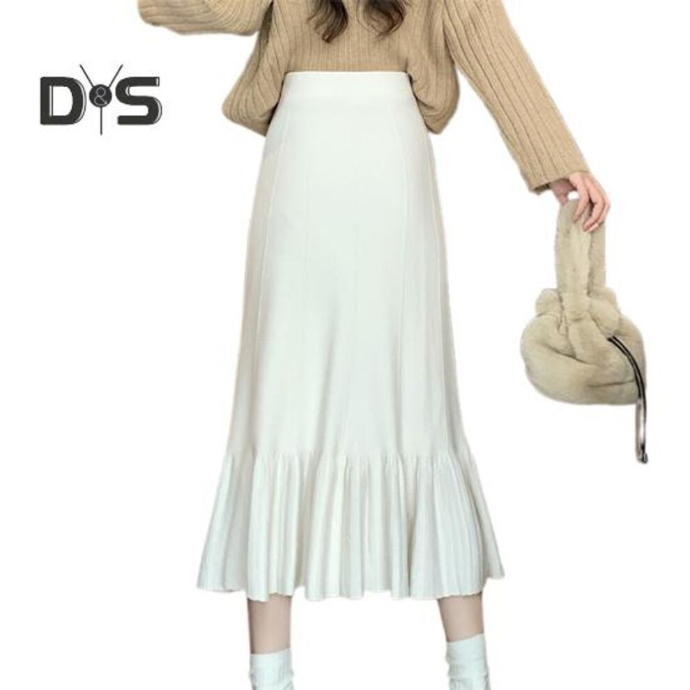 (white) Women Knitting Skirt High-waisted Solid Color Pleated Skirt Ruffle Stitching Hem Hip Wrapped Skirt Autumn Winter Midi Skirt