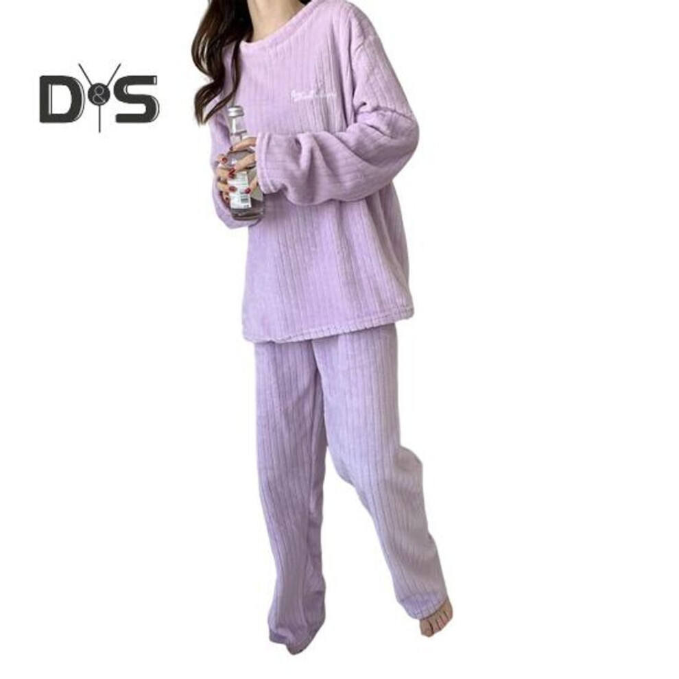 (purple) 2 Pcs/Set Unisex Winter Pajamas Set Round Neck Solid Color Thickened Coral Fleece Homewear Top Pants Set Loose Loungewear Lady Nightwear Set
