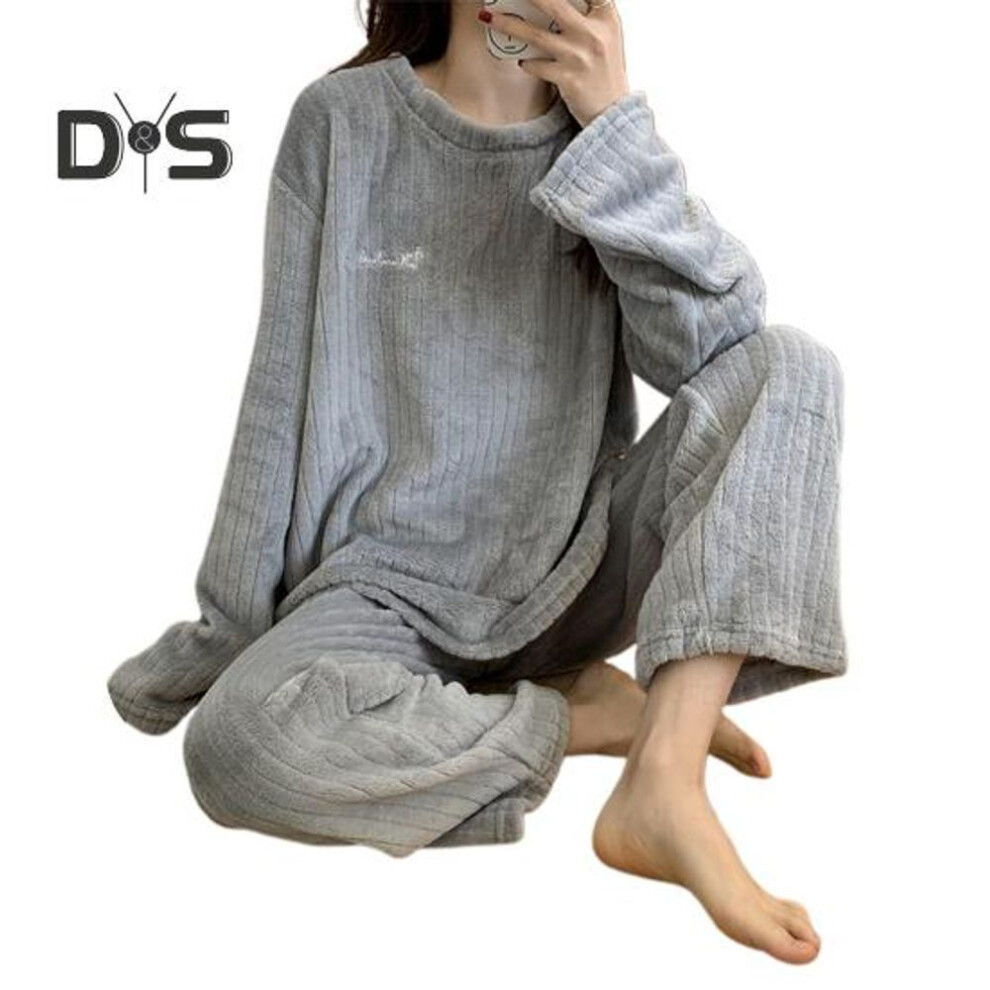 (grey) 2 Pcs/set Unisex Winter Pajamas Set Round Neck Solid Color Thickened Coral Fleece Homewear Top Pants Set Loose Loungewear Lady Nightwear Set