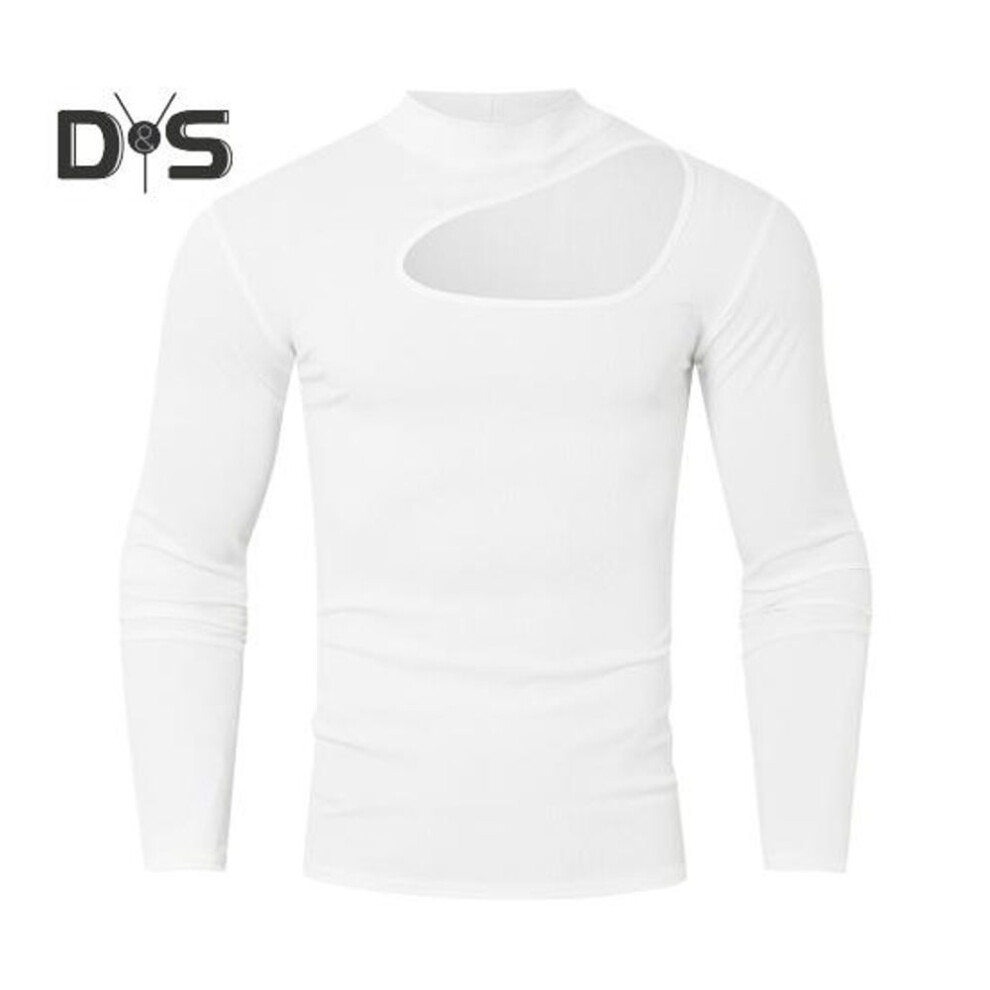(white, L) Men Top High Collar Ripped Design Solid Color Hollow Out Slim Fit Muscle Fitness Sport Tee Elastic Streetwear Gym Clothes