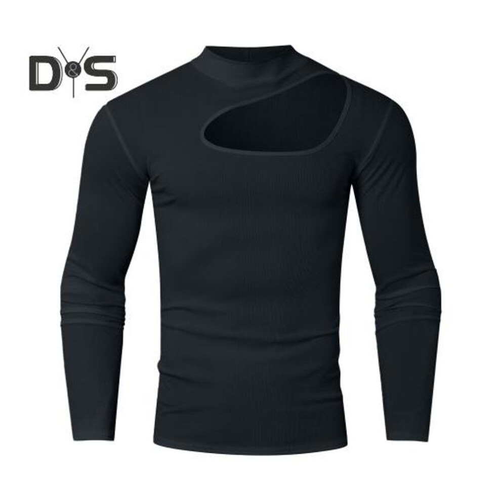 (black, XL) Men Top High Collar Ripped Design Solid Color Hollow Out Slim Fit Muscle Fitness Sport Tee Elastic Streetwear Gym Clothes
