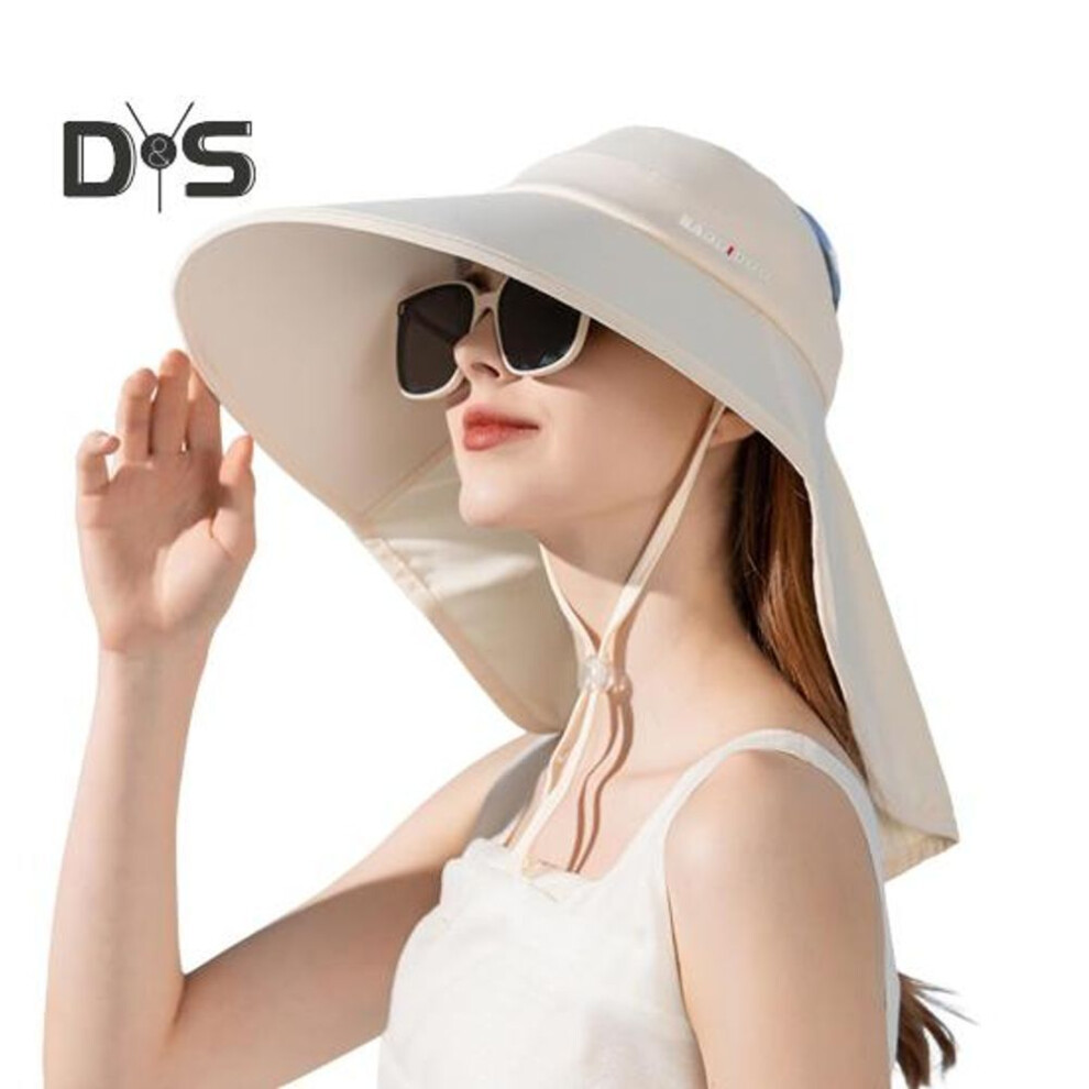 (champagne) Women's Wide Brim Sun Hat Rollable UV Sun Protection Hat with Neck Flap UPF 50+ Fishing Hat with Ponytail Hole for Hiking Beach