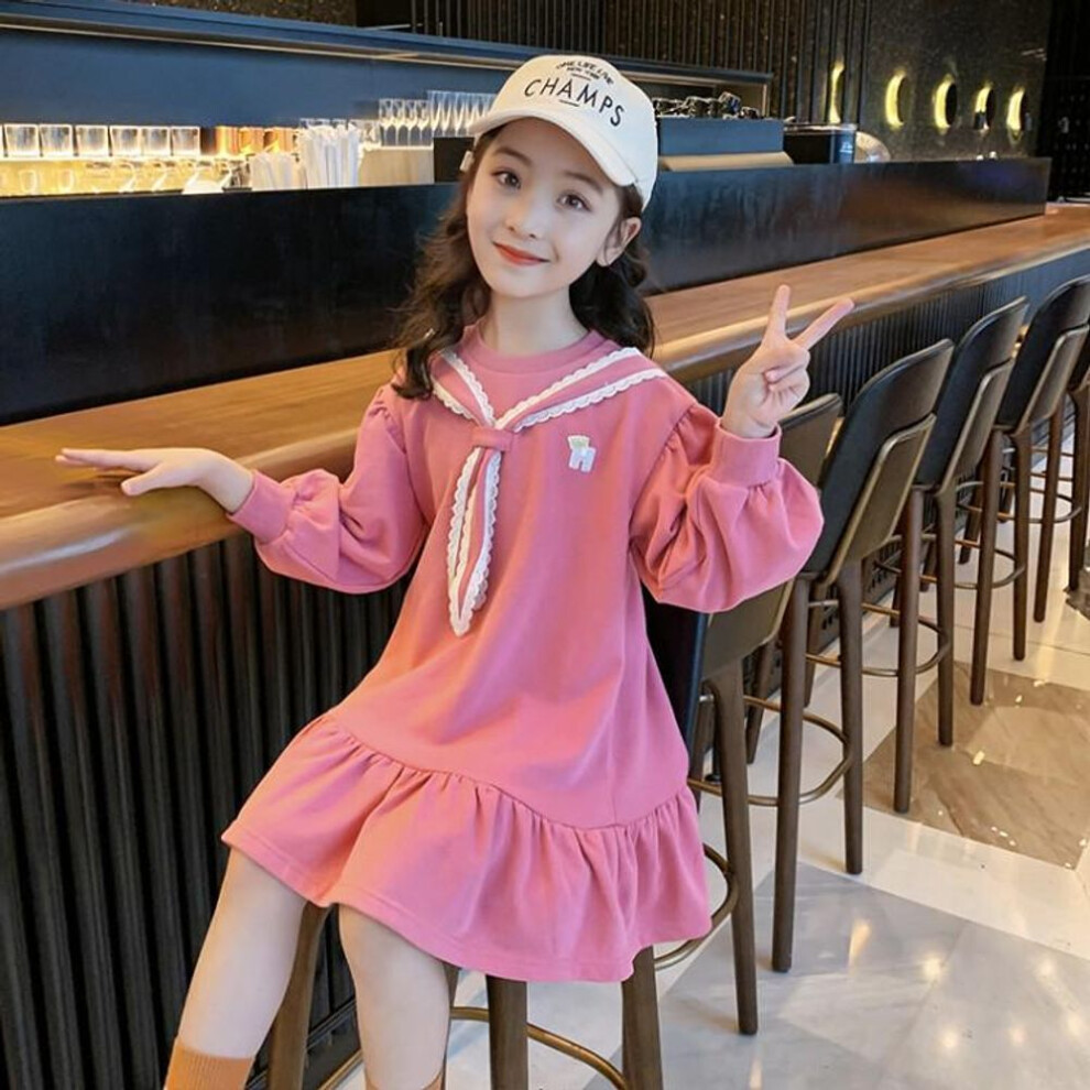 (pink, 130 cm) Stylish 2024 Girls' Long-Sleeve Sweater Dress for Spring and Autumn