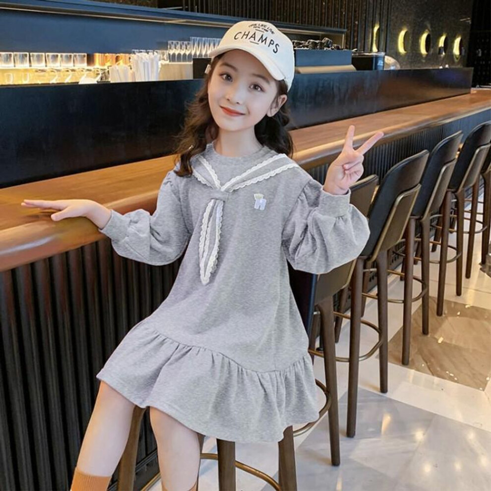 (gray, 140 cm) Stylish 2024 Girls' Long-Sleeve Sweater Dress for Spring and Autumn
