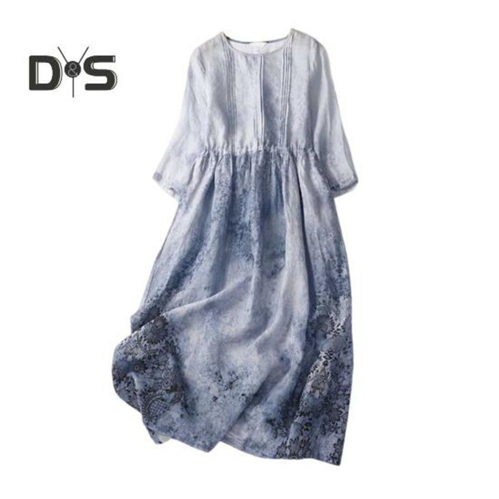 (blue, XL) Women's Summer Plus Size Linen Dress Casual Floral Round Neck 3/4 Sleeve Midi Dress Loose Flowy Beach Sundress