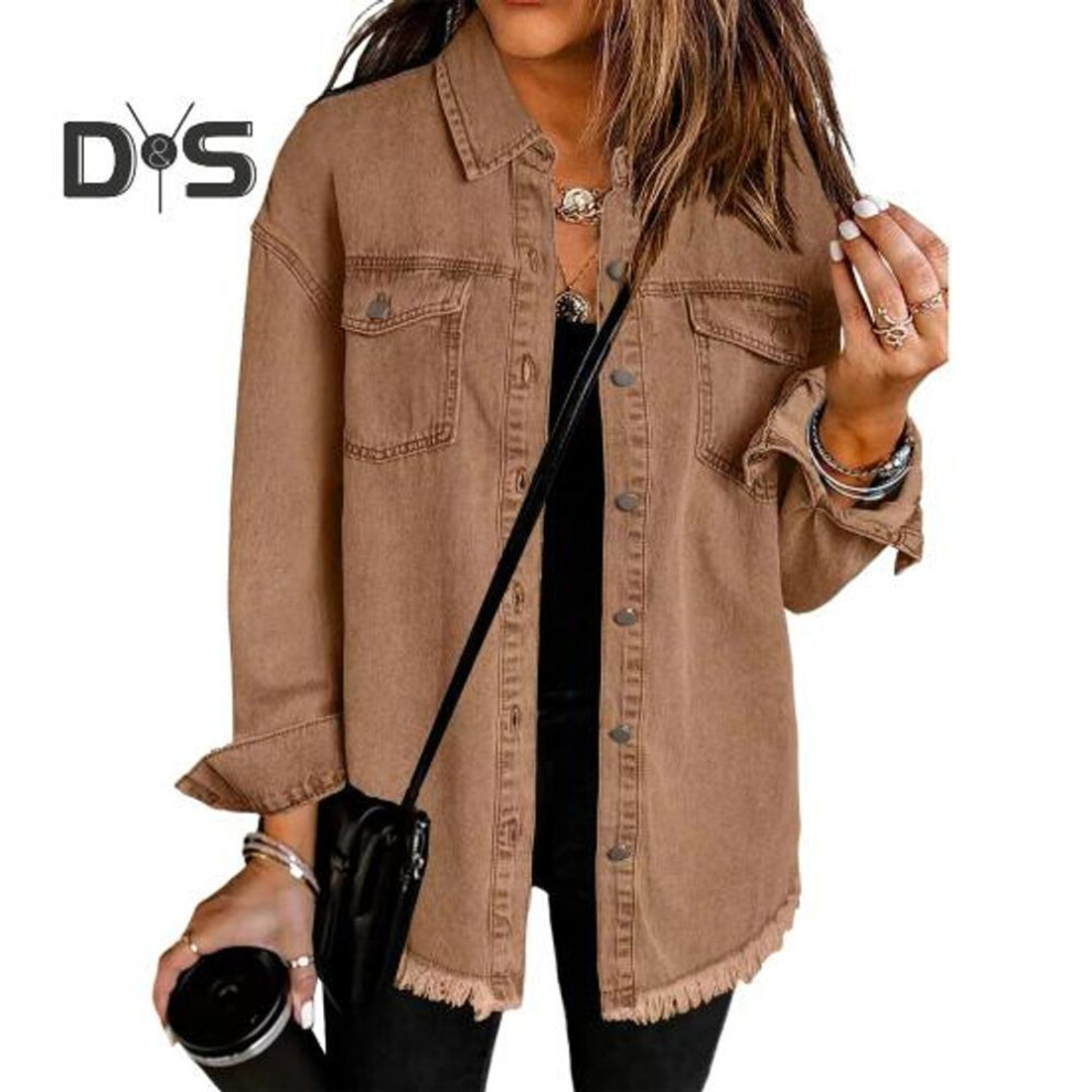 (brown, XXL) Women Denim Coat with Breast Pockets Turn-down Collar Washed Single-breasted Pure Color Wipped Edge Loose Cardigan Long Sleeve Jacket