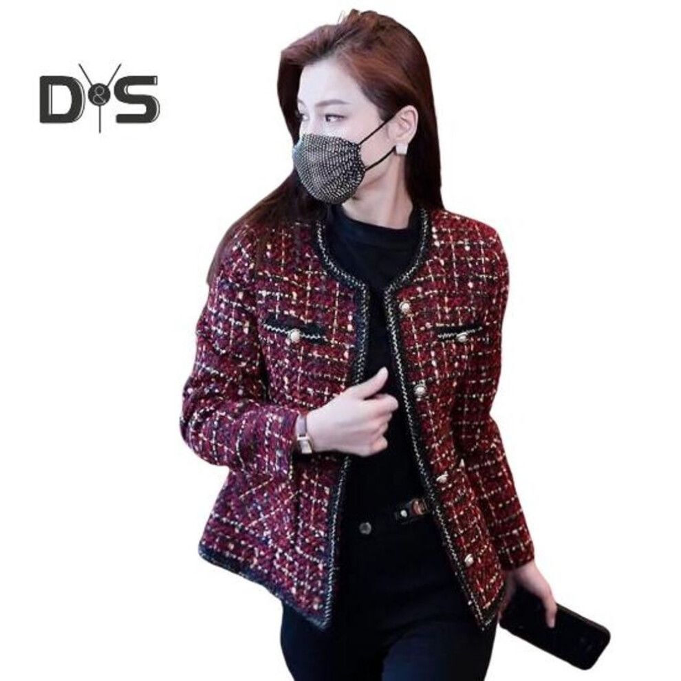 (wine red, M) Women's Tweed Jacket Long Sleeve Button Down Cropped Blazer with Pockets Lattice Double Breasted Coat for Autumn Winter