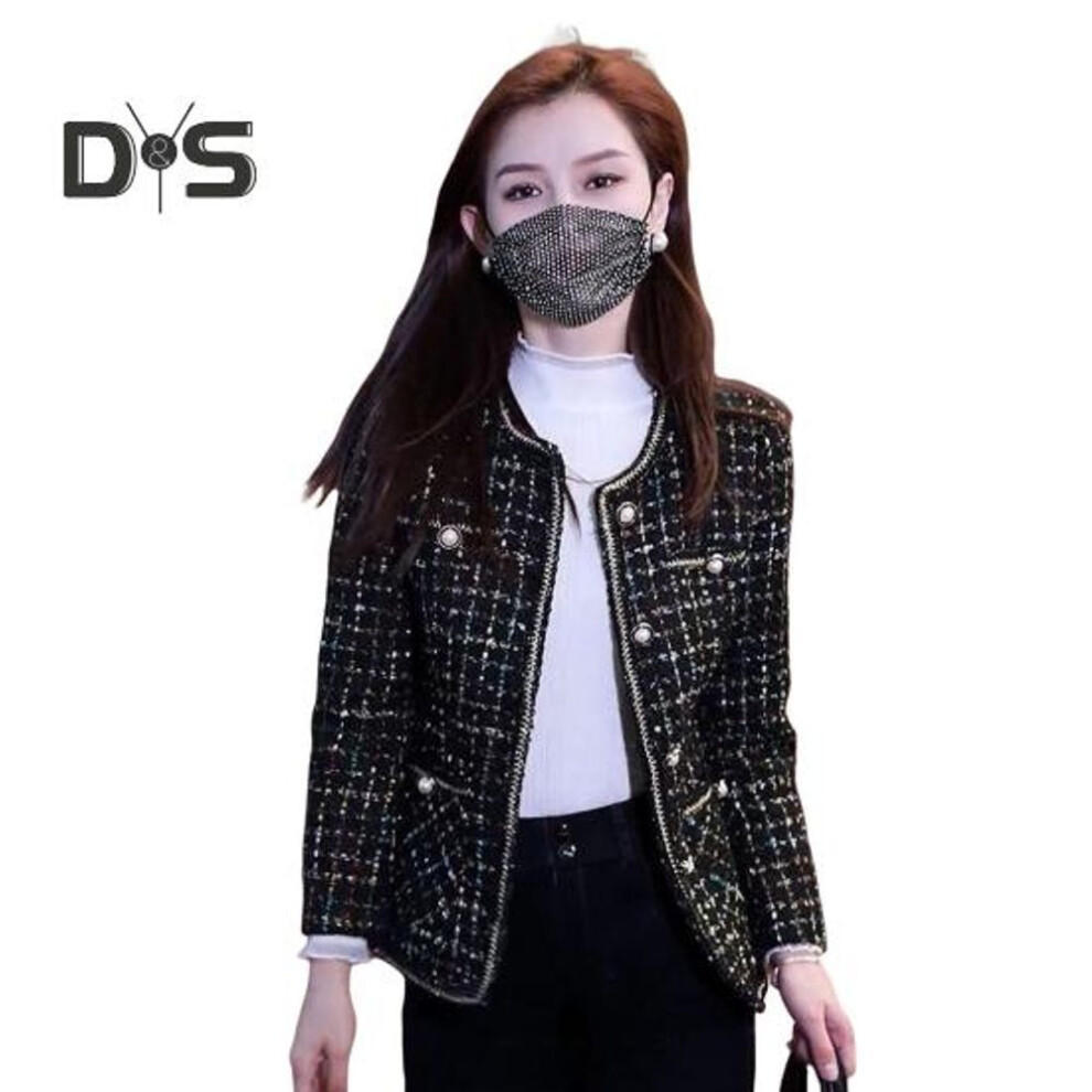 (black, XXXXXL) Women's Tweed Jacket Long Sleeve Button Down Cropped Blazer with Pockets Lattice Double Breasted Coat for Autumn Winter