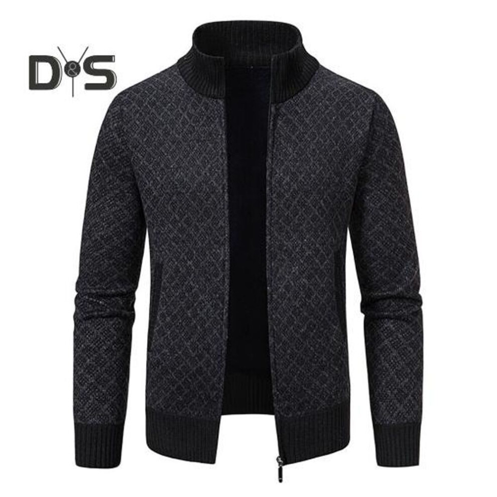 (black, 2XL) Men Knitting Coat Stand Collar Long Sleeve Full Zipper Closure Jacket with Pockets Plaid Print Autumn Winter Casual Knitwear