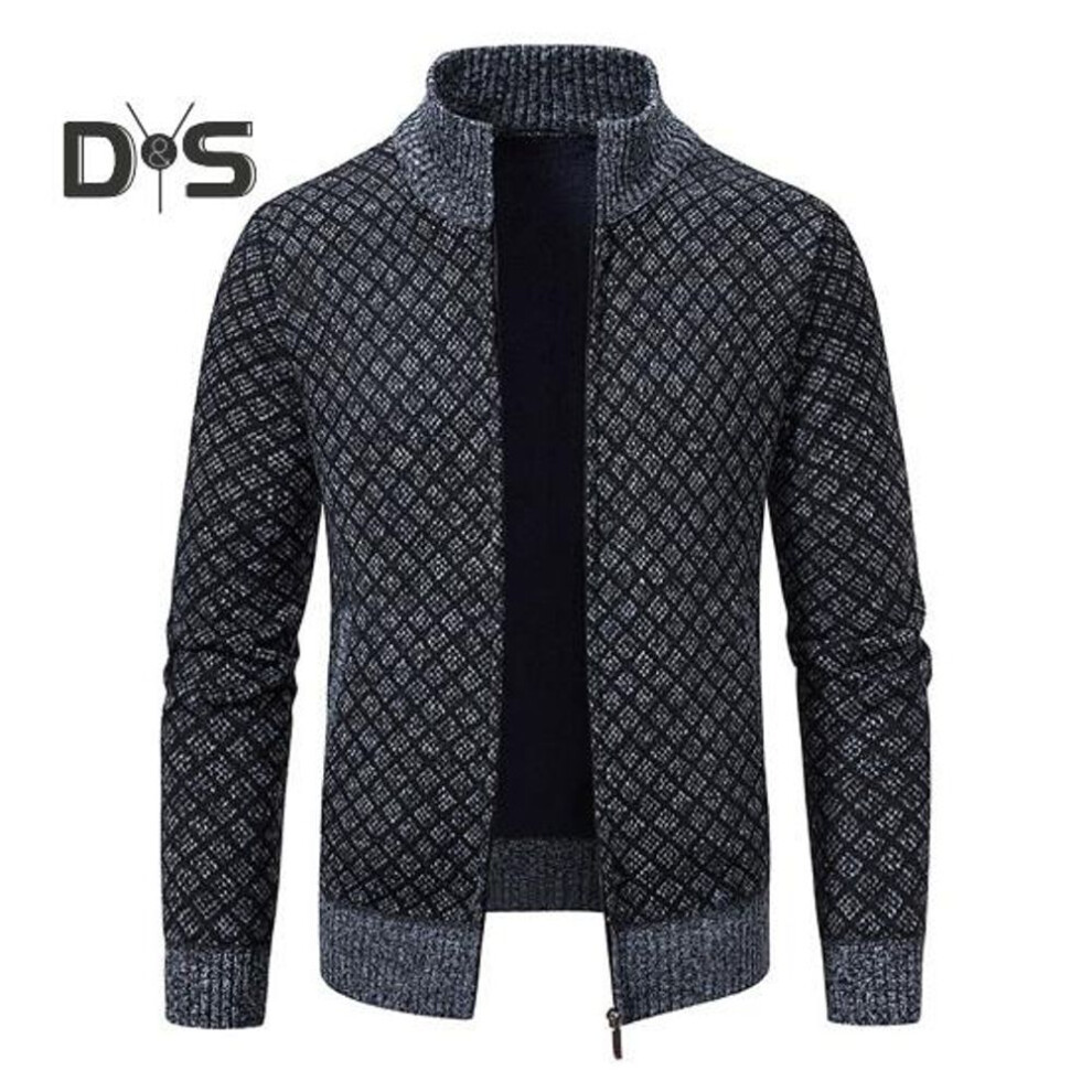 (dark gray, 2XL) Men Knitting Coat Stand Collar Long Sleeve Full Zipper Closure Jacket with Pockets Plaid Print Autumn Winter Casual Knitwear
