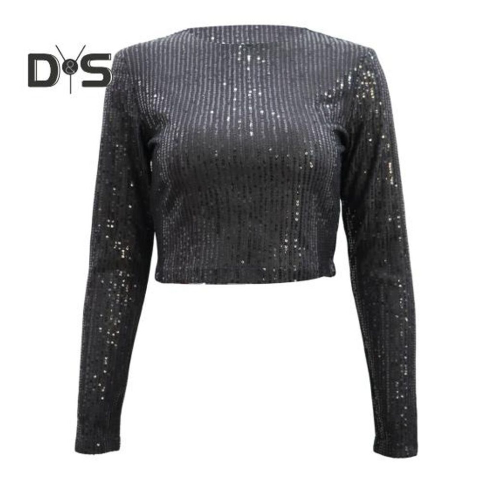 (L, black) Women Cropped Tops Round Neck Long Sleeve Sequin Embellished T-Shirt Loose Fit Slim Fit Short Tee Tops