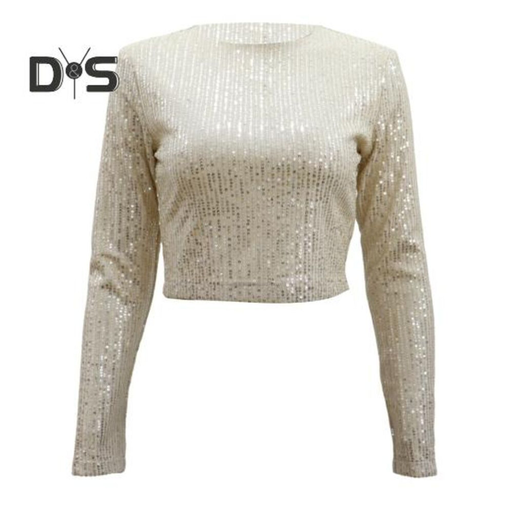 (L, apricot) Women Cropped Tops Round Neck Long Sleeve Sequin Embellished T-shirt Loose Fit Slim Fit Short Tee Tops