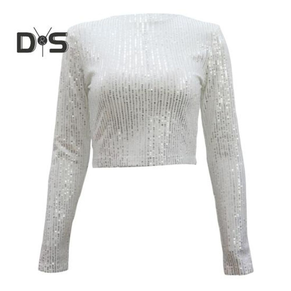 (L, silver) Women Cropped Tops Round Neck Long Sleeve Sequin Embellished T-Shirt Loose Fit Slim Fit Short Tee Tops