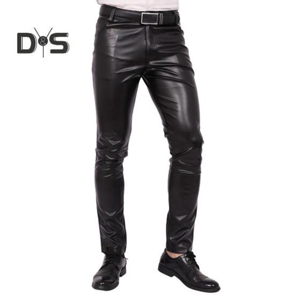 (black, L) Faux Leather Men Pants Slim Fit Solid Color | Trendy Motorcycle Style | Elastic Durable | Daily Wear Occasions | Pair With Jackets Shirts