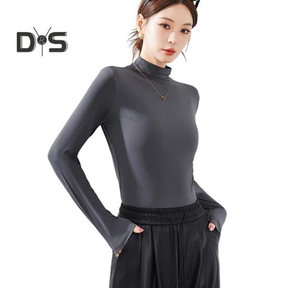 (grey) Women Bottoming Tops Half High Collar Long Sleeve Solid Color Slim Fit Pullover Tops Lightweight Stretchy Casual Blouse
