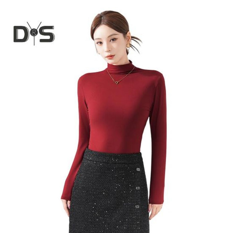 (red) Women Bottoming Tops Half High Collar Long Sleeve Solid Color Slim Fit Pullover Tops Lightweight Stretchy Casual Blouse