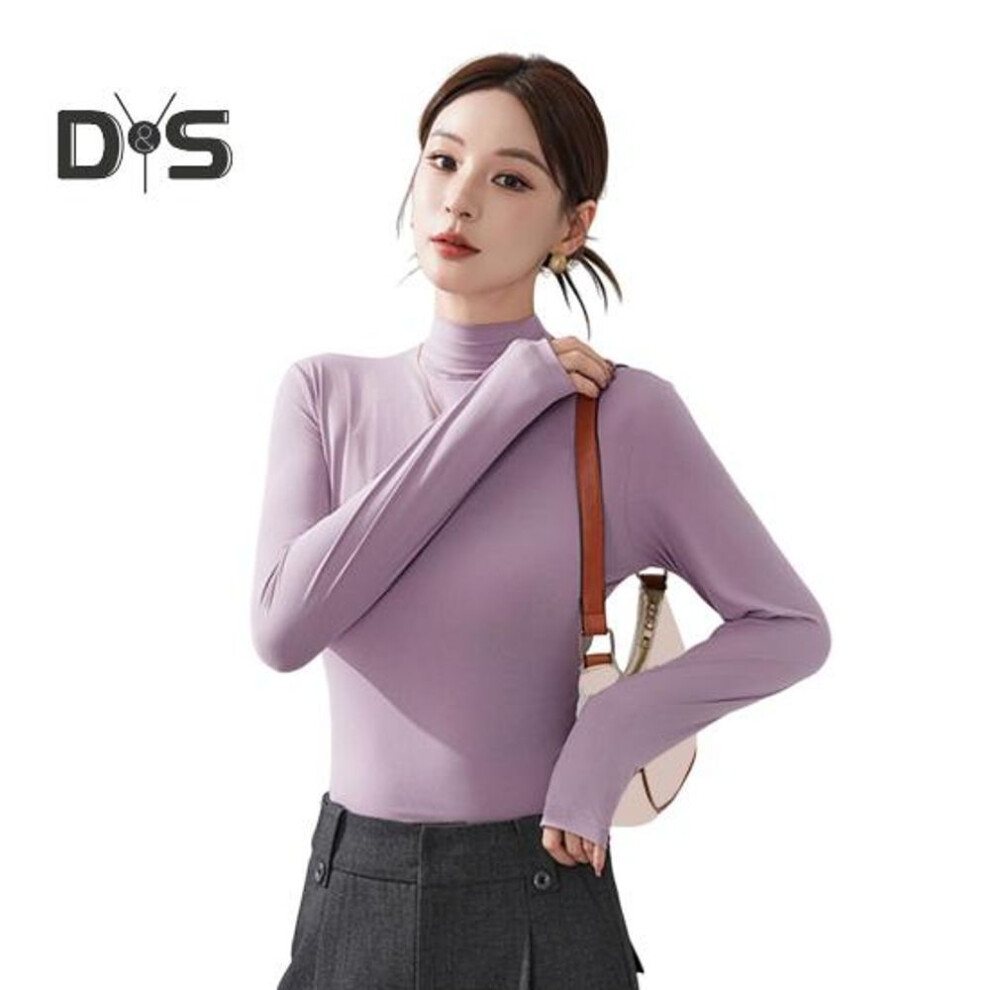 (purple) Women Bottoming Tops Half High Collar Long Sleeve Solid Color Slim Fit Pullover Tops Lightweight Stretchy Casual Blouse