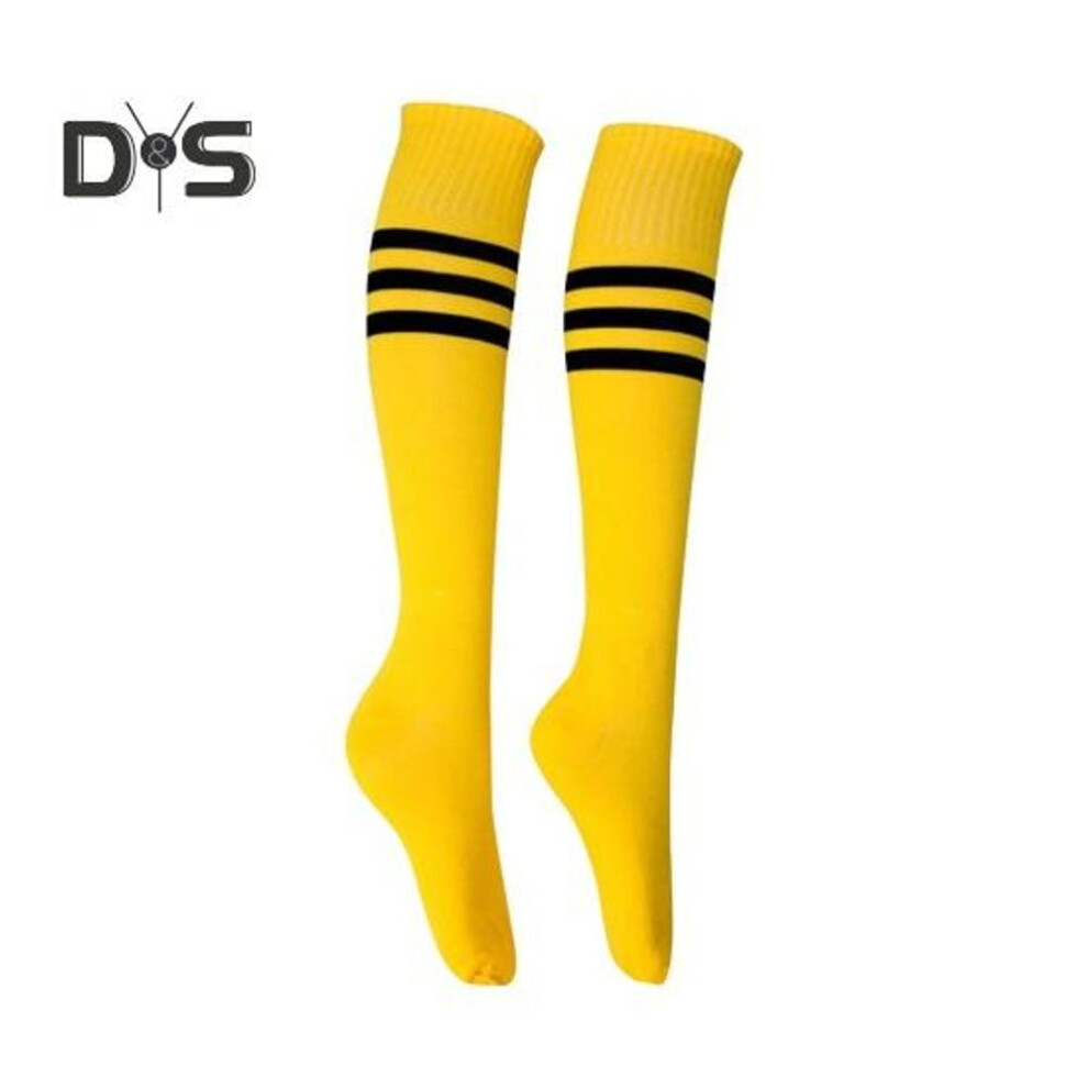 (yellow, L) 1 Pair Mid-length Socks Striped Anti-slip High Elasticity Sweat Absorption Football Cheerleader Stockings Children Knee Socks Sports School Play Socks