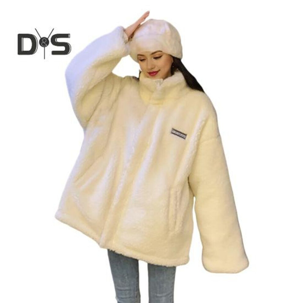 (white, S) Women Winter Coat Thick Fleece Stand Collar Neck Protection Zip-up Cardigan Long Sleeves Cold-proof Outerwear School Outdoor Jacket