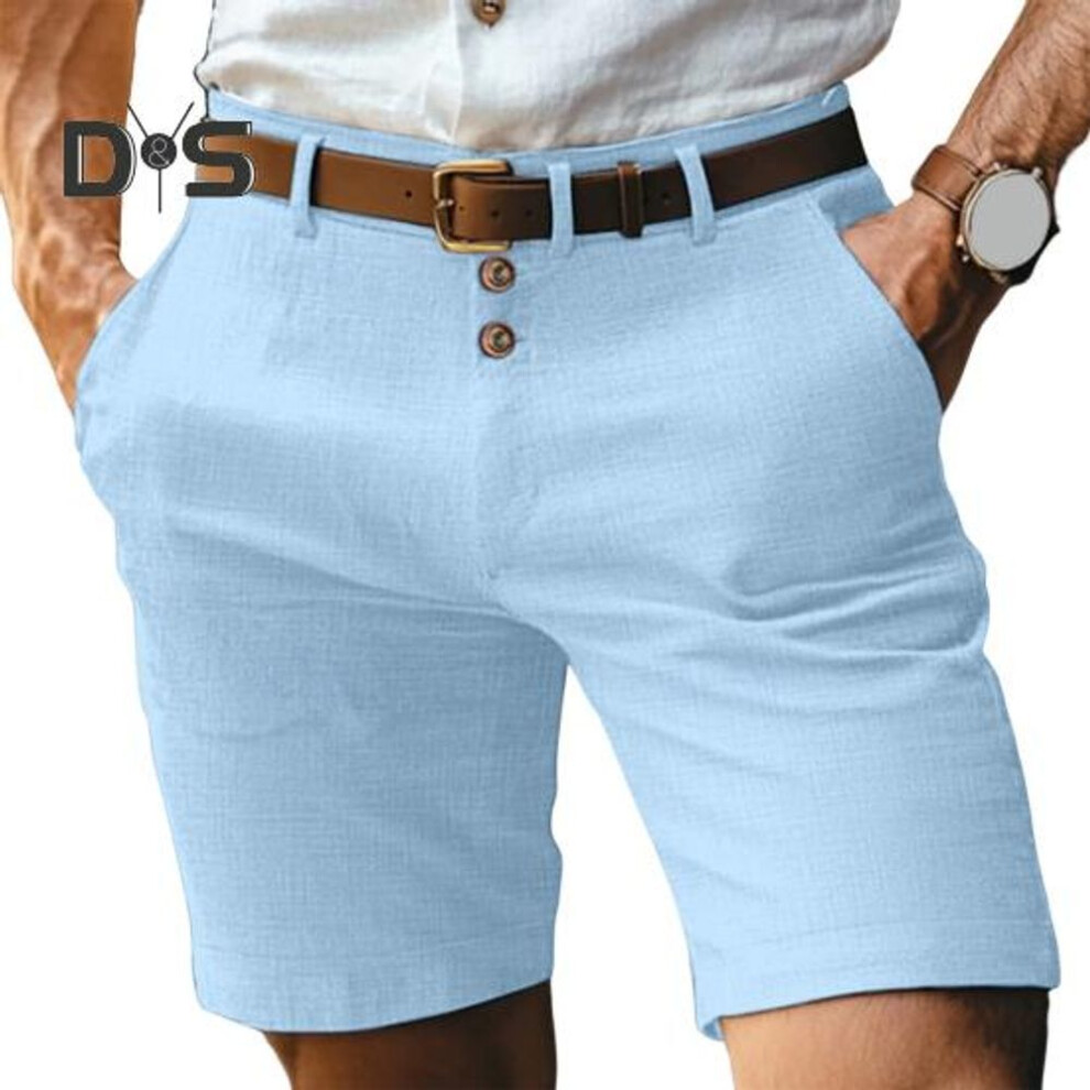 (light blue, XXL) Men Shorts Mid-rise Buttons Zipper Fly Solid Color Shorts With Pockets Straight Leg Summer Casual Shorts Daily Wear