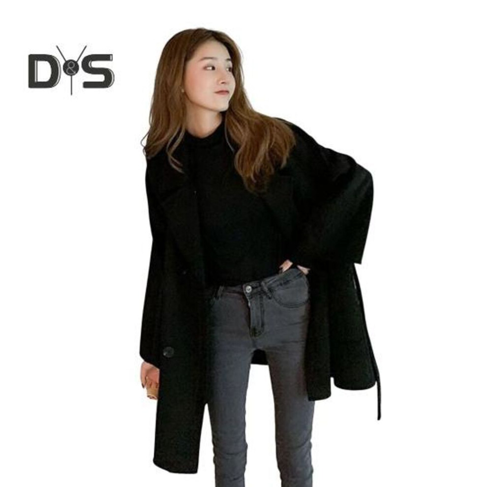 (black, S) Fall Winter Women Woolen Jacket Thick Loose Turn-down Collar Ol Commuting Jacket Double-breasted Mid Length Korean Style Overcoat Outerwear For Daily